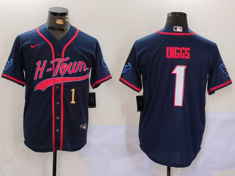 Mens Houston Texans #1 Stefon Diggs Navy With Patch Cool Base Stitched Baseball Jerseys